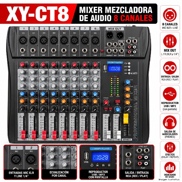 &ua MIXER MEZCLADORA DE AUDIO 8 CANALES XY-CT8
